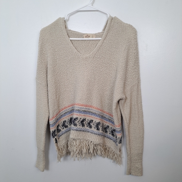 Hollister Cream Striped Fringe Boho Beachy Festival Hooded Pullover Sweater Sz S - Picture 2 of 8